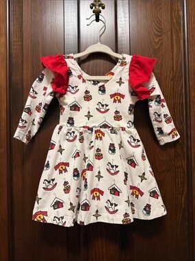 Girls Cream Holiday Print Dress with Red Ruffle Shoulders